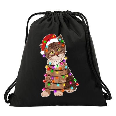 Cat Tangled in Christmas Lights Santa Kitten Drawstring Bag