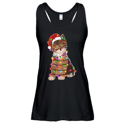 Cat Tangled in Christmas Lights Santa Kitten Ladies Essential Flowy Tank