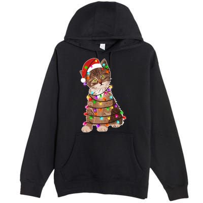 Cat Tangled in Christmas Lights Santa Kitten Premium Pullover Hoodie