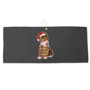 Cat Tangled in Christmas Lights Santa Kitten Large Microfiber Waffle Golf Towel