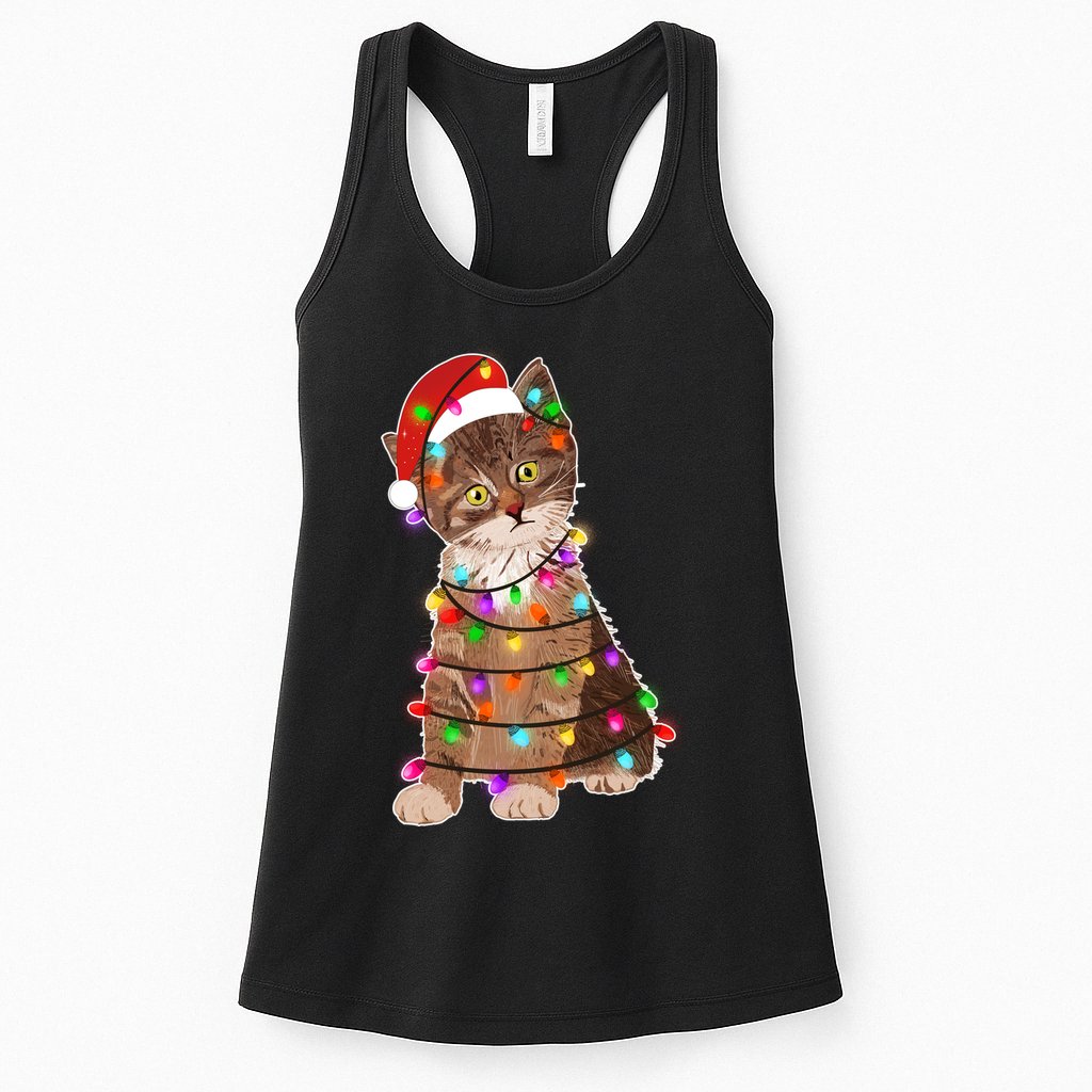 Cat Tangled in Christmas Lights Santa Kitten Womens Tank Top