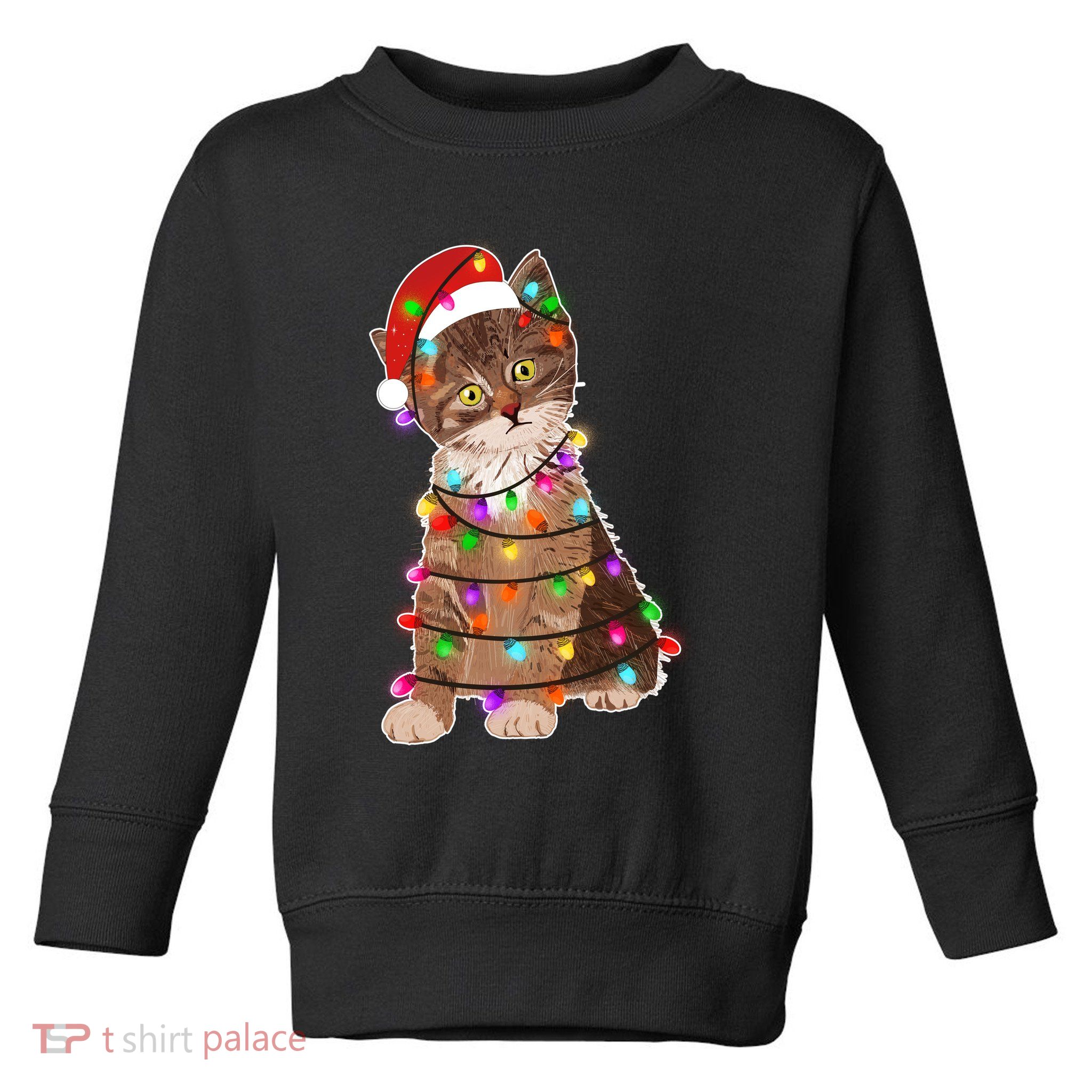 Cat Tangled in Christmas Lights Santa Kitten Toddler Sweatshirt