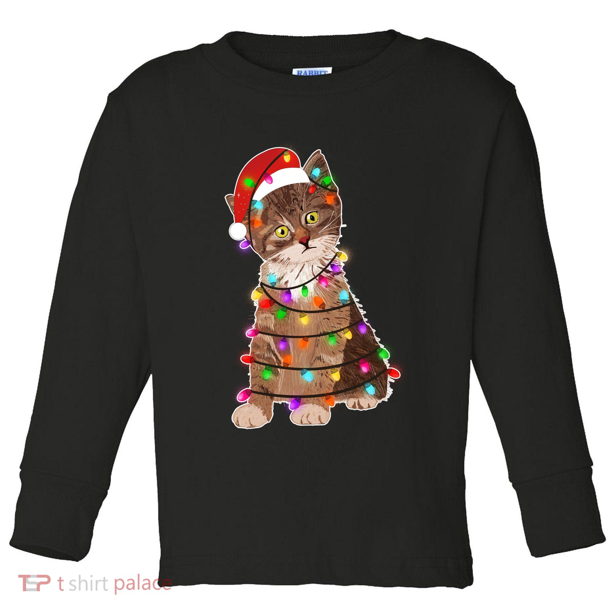 Cat Tangled in Christmas Lights Santa Kitten Toddler Long Sleeve Shirt