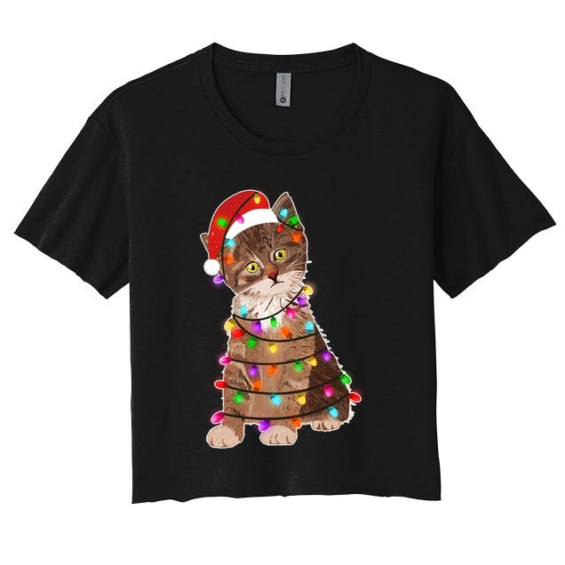 Cat Tangled in Christmas Lights Santa Kitten Women's Crop Top Tee