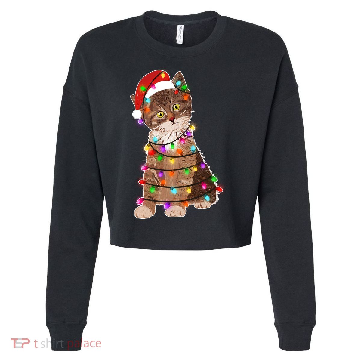 Cat Tangled in Christmas Lights Santa Kitten Cropped Pullover Crew