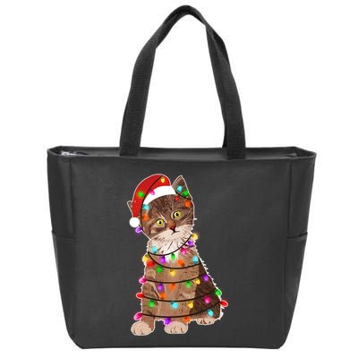 Cat Tangled in Christmas Lights Santa Kitten Zip Tote Bag