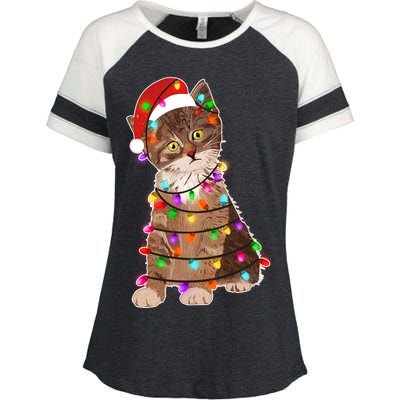 Cat Tangled in Christmas Lights Santa Kitten Enza Ladies Jersey Colorblock Tee