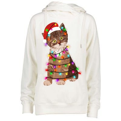 Cat Tangled in Christmas Lights Santa Kitten Womens Funnel Neck Pullover Hood