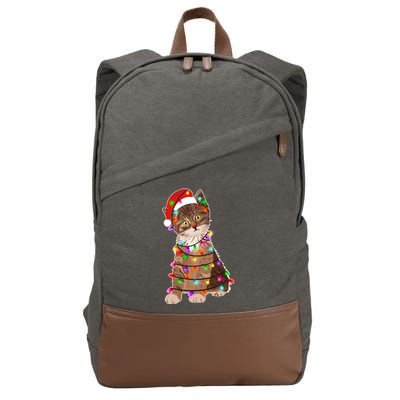 Cat Tangled in Christmas Lights Santa Kitten Cotton Canvas Backpack