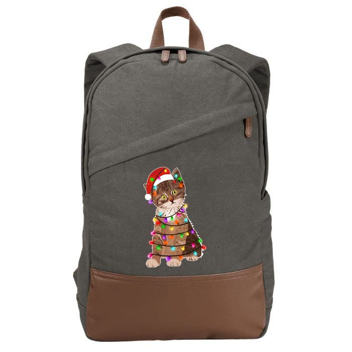 Cat Tangled in Christmas Lights Santa Kitten Cotton Canvas Backpack