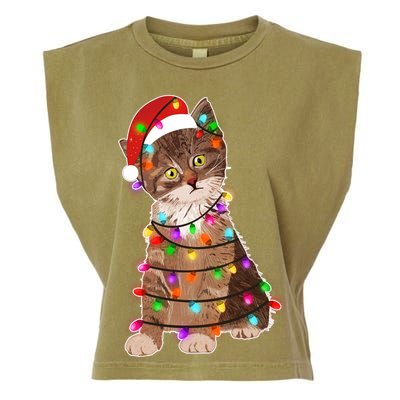 Cat Tangled in Christmas Lights Santa Kitten Garment-Dyed Women's Muscle Tee