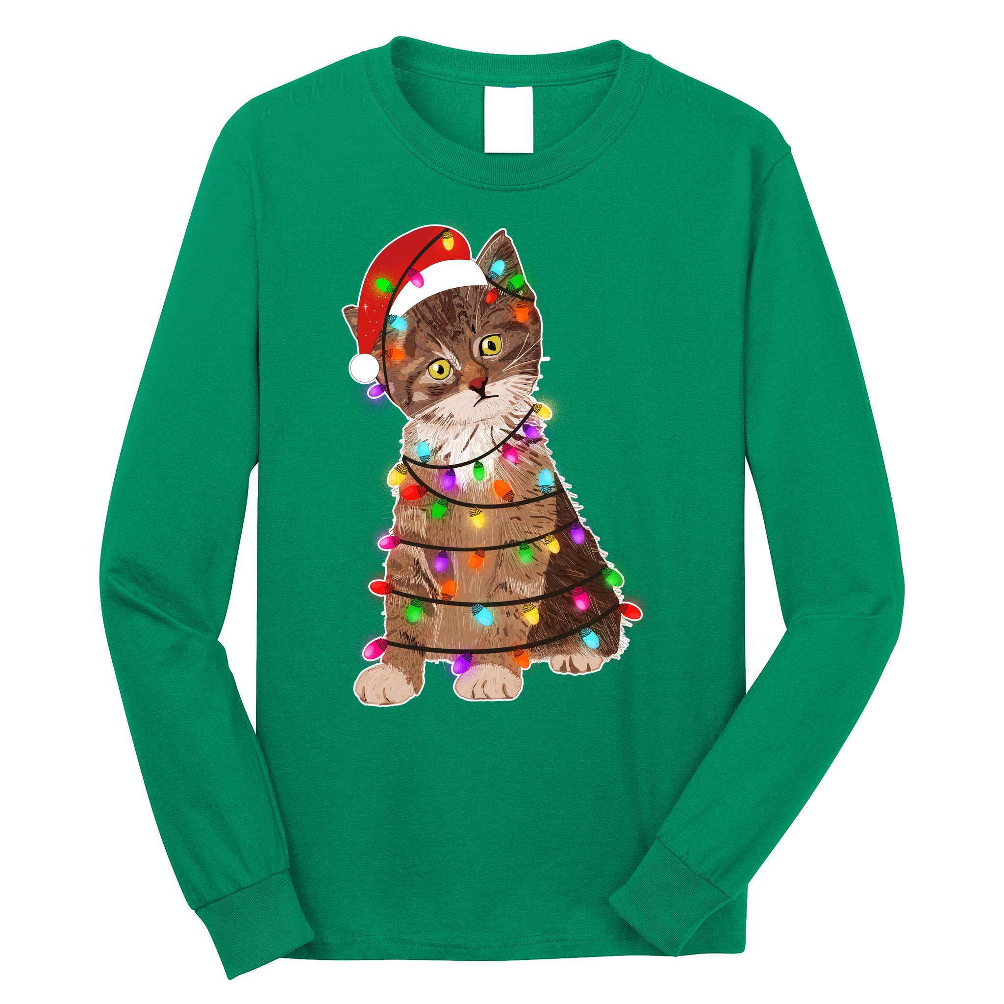 Cat Tangled in Christmas Lights Santa Kitten Long Sleeve Shirt