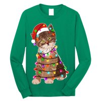 Cat Tangled in Christmas Lights Santa Kitten Long Sleeve Shirt