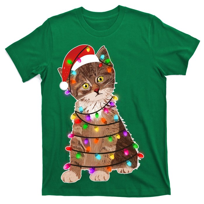 Cat Tangled in Christmas Lights Santa Kitten T-Shirt