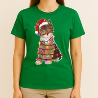 Cat Tangled in Christmas Lights Santa Kitten T-Shirt