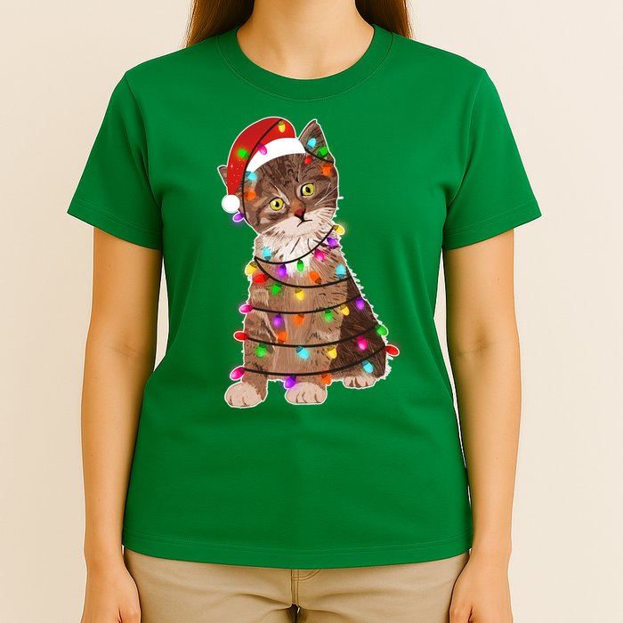 Cat Tangled in Christmas Lights Santa Kitten T-Shirt