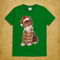 Cat Tangled in Christmas Lights Santa Kitten T-Shirt
