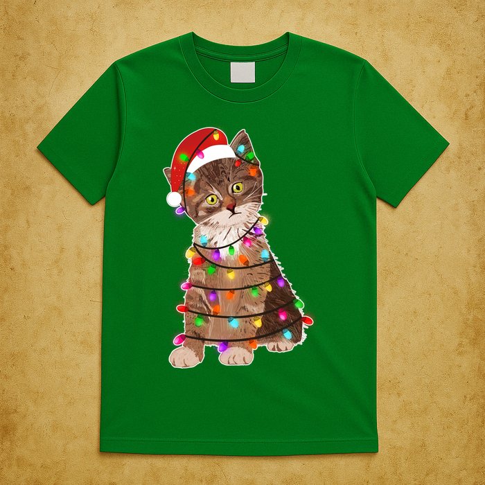 Cat Tangled in Christmas Lights Santa Kitten T-Shirt