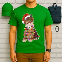 Cat Tangled in Christmas Lights Santa Kitten T-Shirt