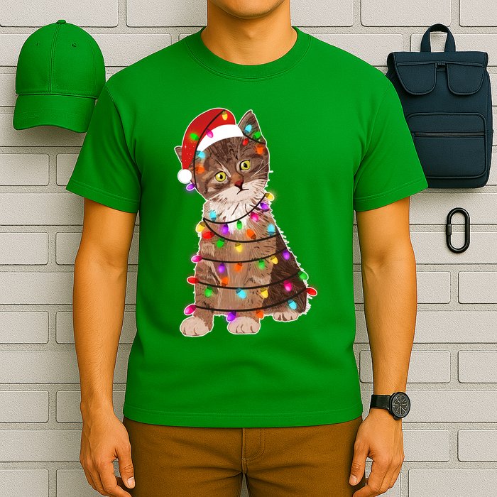Cat Tangled in Christmas Lights Santa Kitten T-Shirt