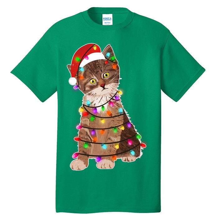 Cat Tangled in Christmas Lights Santa Kitten Tall T-Shirt