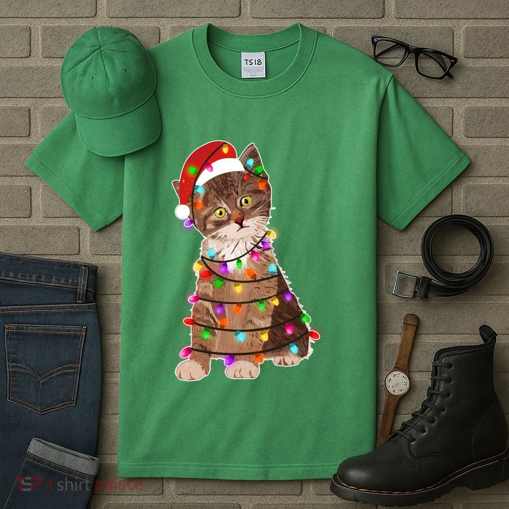 Cat Tangled in Christmas Lights Santa Kitten Tall T-Shirt