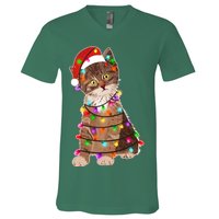 Cat Tangled in Christmas Lights Santa Kitten V-Neck T-Shirt