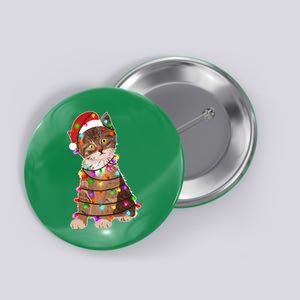 Cat Tangled in Christmas Lights Santa Kitten Button