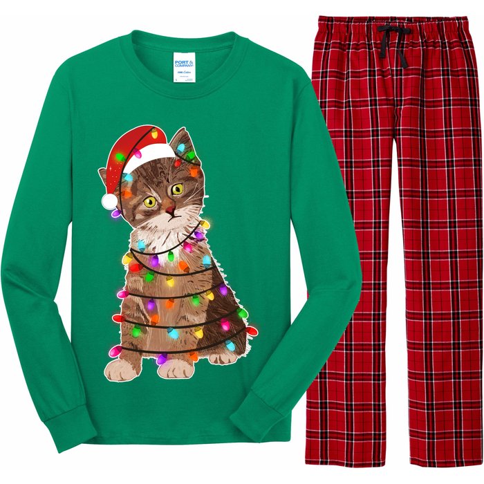 Cat Tangled in Christmas Lights Santa Kitten Long Sleeve Pajama Set