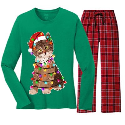 Cat Tangled in Christmas Lights Santa Kitten Women's Long Sleeve Flannel Pajama Set 