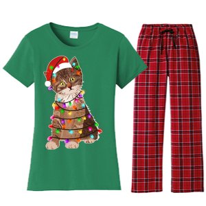 Cat Tangled in Christmas Lights Santa Kitten Women's Flannel Pajama Set