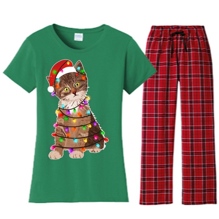 Cat Tangled in Christmas Lights Santa Kitten Women's Flannel Pajama Set