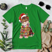 Cat Tangled in Christmas Lights Santa Kitten Premium T-Shirt