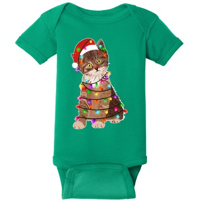 Cat Tangled in Christmas Lights Santa Kitten Baby Bodysuit