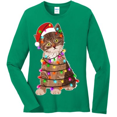 Cat Tangled in Christmas Lights Santa Kitten Ladies Long Sleeve Shirt