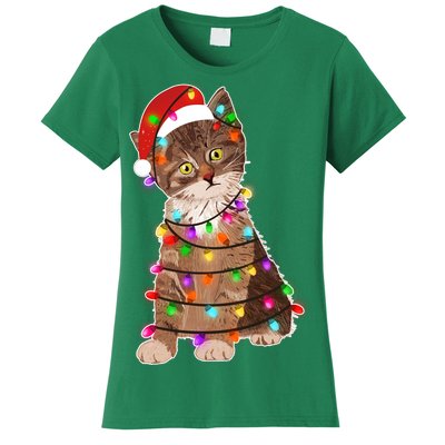 Cat Tangled in Christmas Lights Santa Kitten Women's T-Shirt