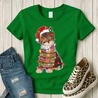 Cat Tangled in Christmas Lights Santa Kitten Womens T-Shirt