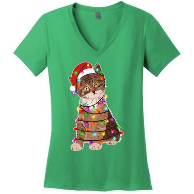 Cat Tangled in Christmas Lights Santa Kitten Women's V-Neck T-Shirt