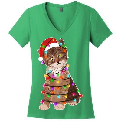 Cat Tangled in Christmas Lights Santa Kitten Women's V-Neck T-Shirt