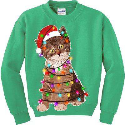 Cat Tangled in Christmas Lights Santa Kitten Kids Sweatshirt