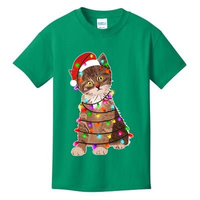 Cat Tangled in Christmas Lights Santa Kitten Kids T-Shirt