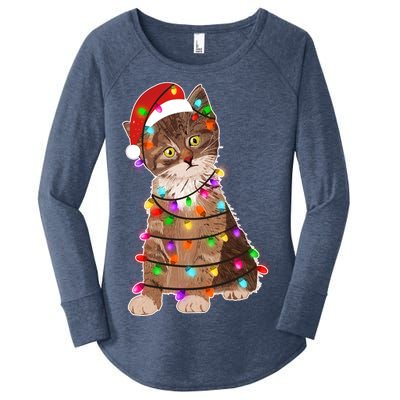 Cat Tangled in Christmas Lights Santa Kitten Women's Perfect Tri Tunic Long Sleeve Shirt