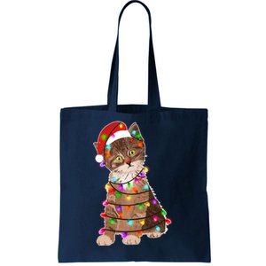 Cat Tangled in Christmas Lights Santa Kitten Tote Bag