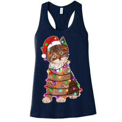 Cat Tangled in Christmas Lights Santa Kitten Women's Racerback Tank