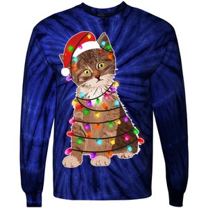 Cat Tangled in Christmas Lights Santa Kitten Tie-Dye Long Sleeve Shirt