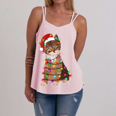 Cat Tangled in Christmas Lights Santa Kitten Women's Strappy Tank