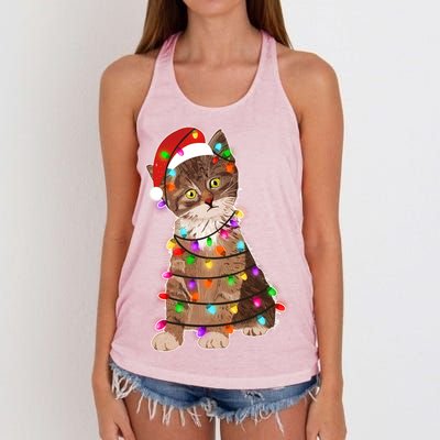 Cat Tangled in Christmas Lights Santa Kitten Women's Knotted Racerback Tank