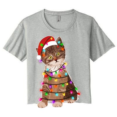 Cat Tangled in Christmas Lights Santa Kitten Women's Crop Top Tee