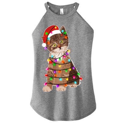 Cat Tangled in Christmas Lights Santa Kitten Women's Perfect Tri Rocker Tank