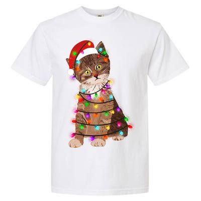 Cat Tangled in Christmas Lights Santa Kitten Garment-Dyed Heavyweight T-Shirt